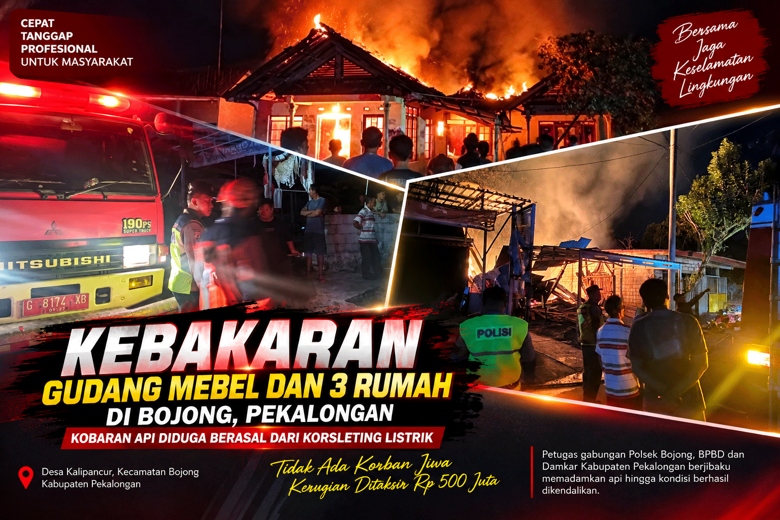 Kebakaran Gudang Mebel dan 3 Rumah di Bojong Pekalongan, Kerugian Capai Rp500 Juta