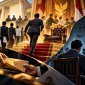 Ilustrasi kursi jabatan dan ruang sidang dalam satire birokrasi
