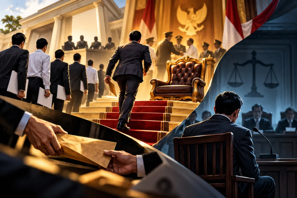 Kisah satire tentang kursi jabatan, pelantikan pejabat, dan cerita amplop yang muncul di ruang sidang perkara Fadia.